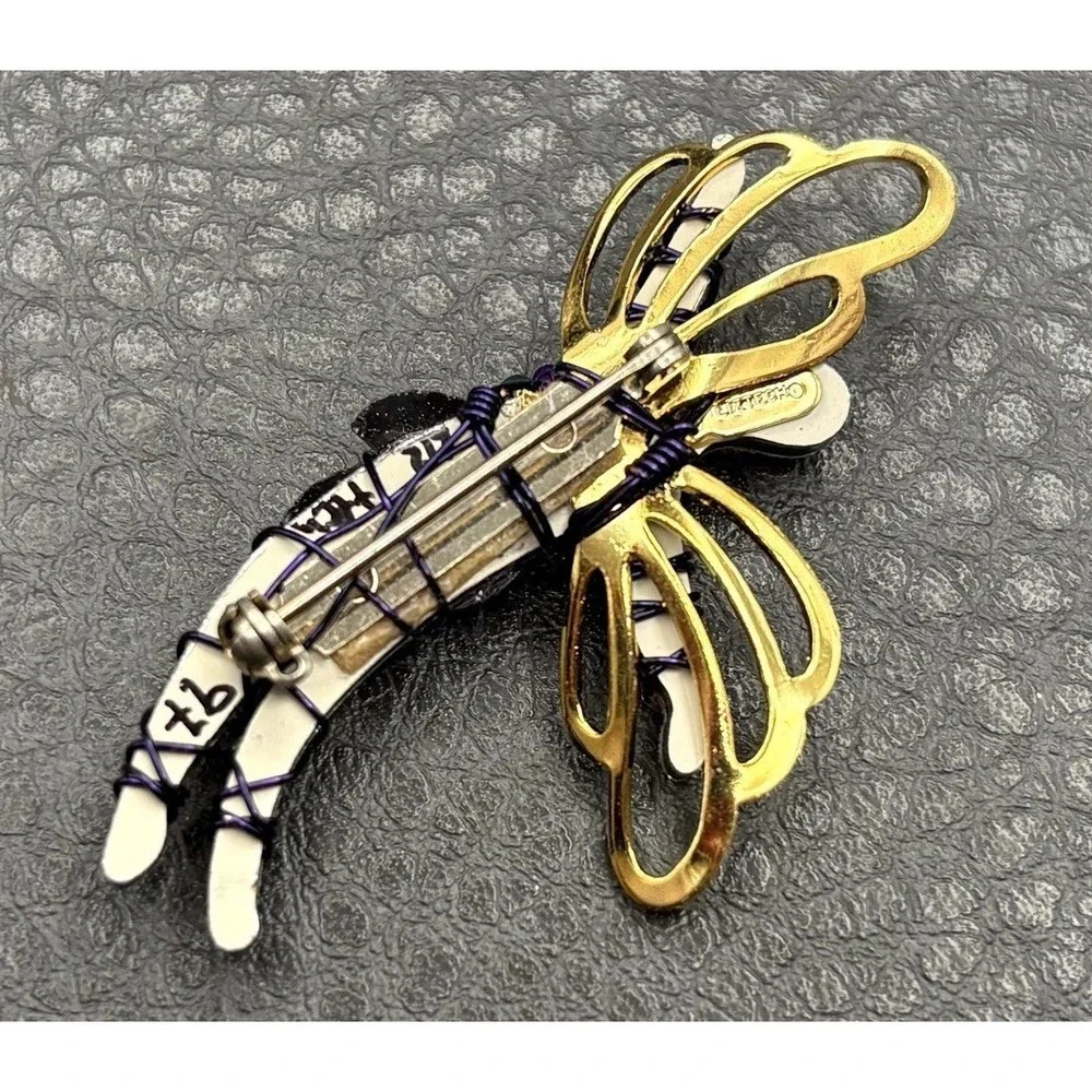 LizTech Dragonfly Brooch Pin Gold Tone Enamel Purple White Beads